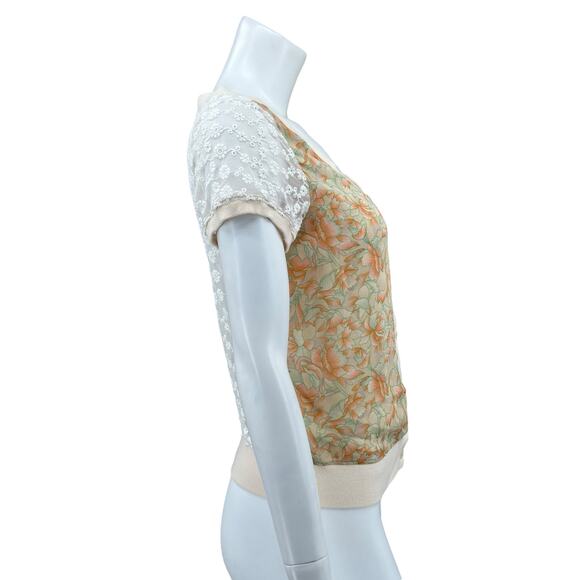 Free People‎ Top Womens Medium Peach Cream Floral Sheer Cottagecore Boho Prairie - Picture 3 of 8